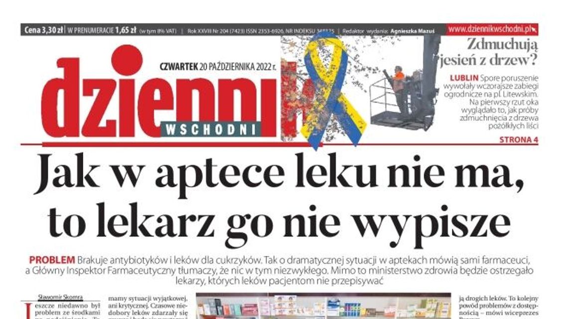 Pierwsza strona Dziennika Wschodniego z 20 października 2022 r.