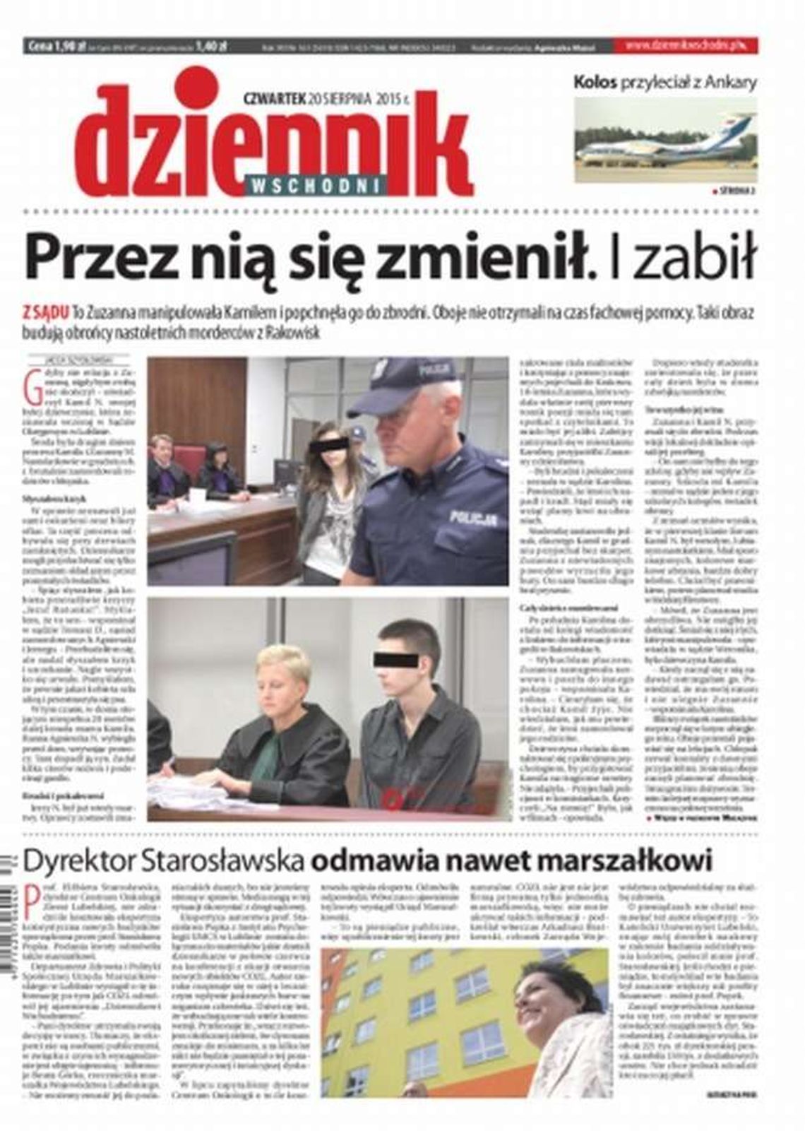 Pierwsza strona Dziennika Wschodniego z 20 sierpnia 2015 r.