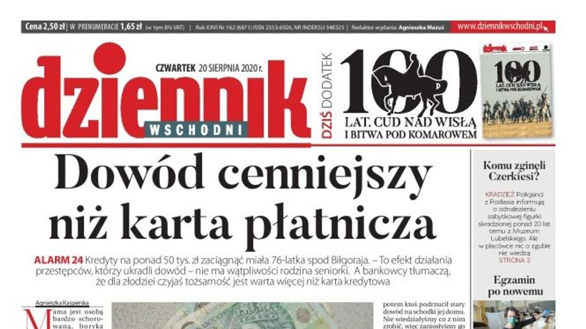 Pierwsza strona Dziennika Wschodniego z 20 sierpnia 2020 r.