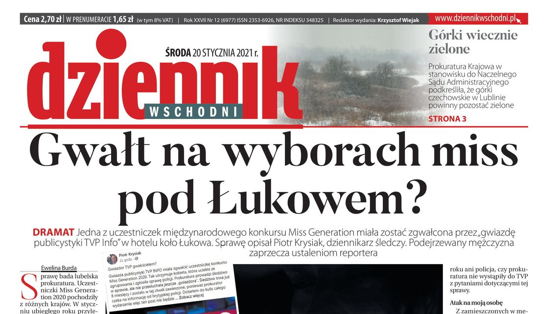 Pierwsza strona Dziennika Wschodniego z 20 stycznia 2021 r.