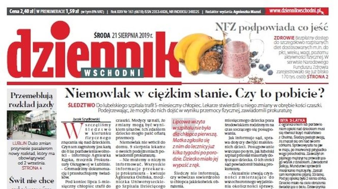 Pierwsza strona Dziennika Wschodniego z 21.08.2019