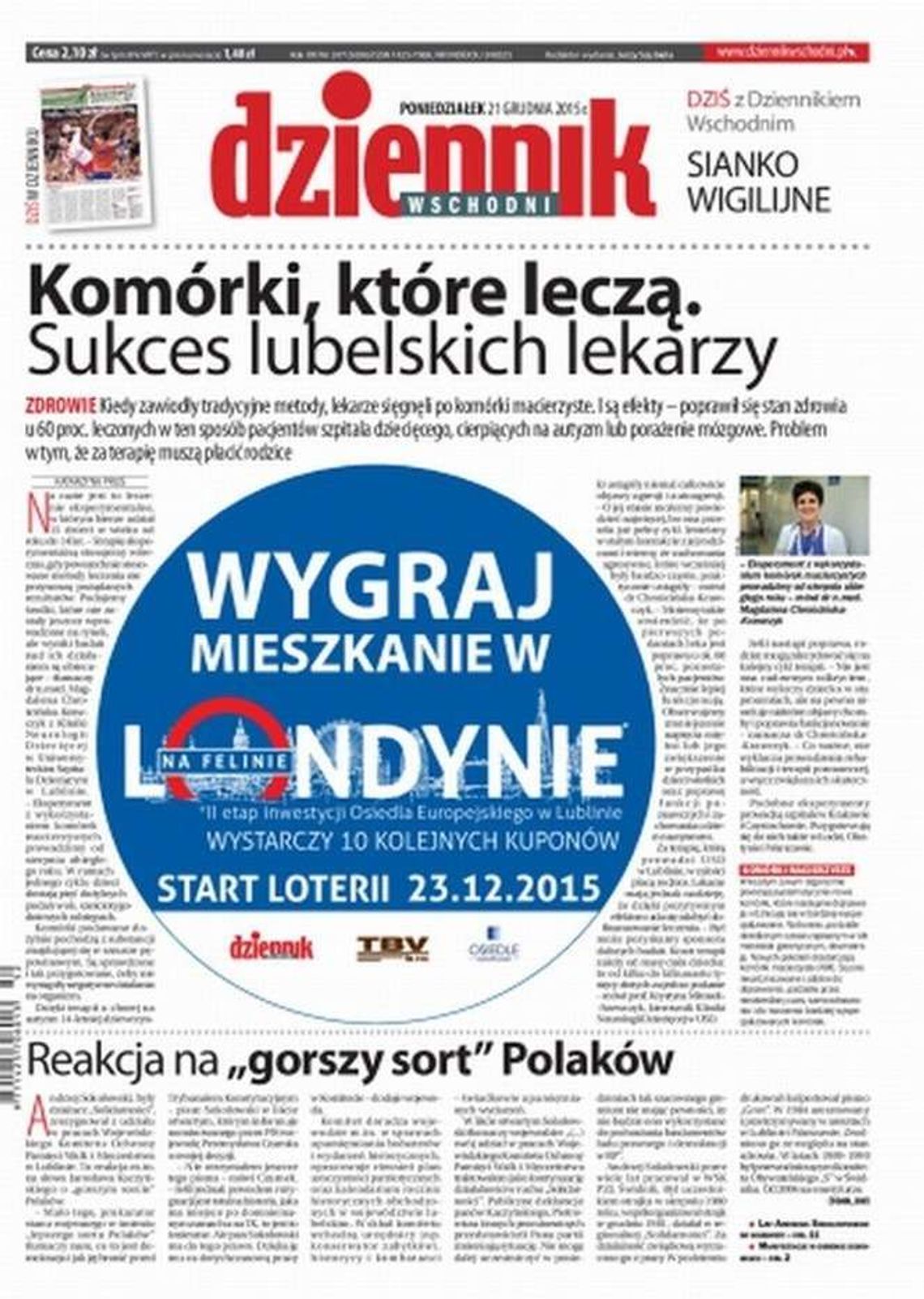 Pierwsza strona Dziennika Wschodniego z 21 grudnia 2015