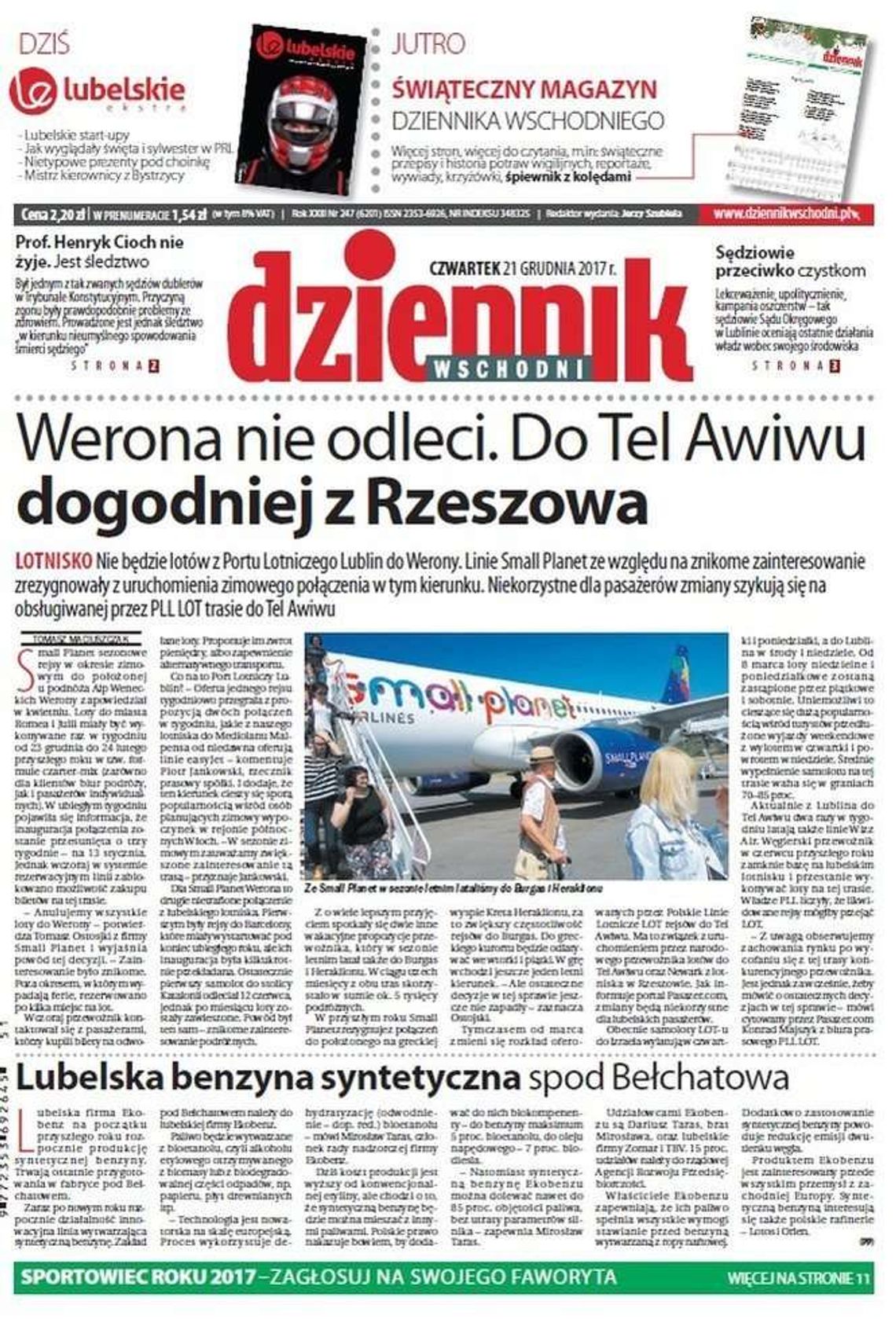 Pierwsza strona Dziennika Wschodniego z 21 grudnia 2017 roku