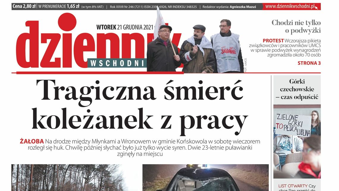  Pierwsza strona Dziennika Wschodniego z 21 grudnia 2021 r. 