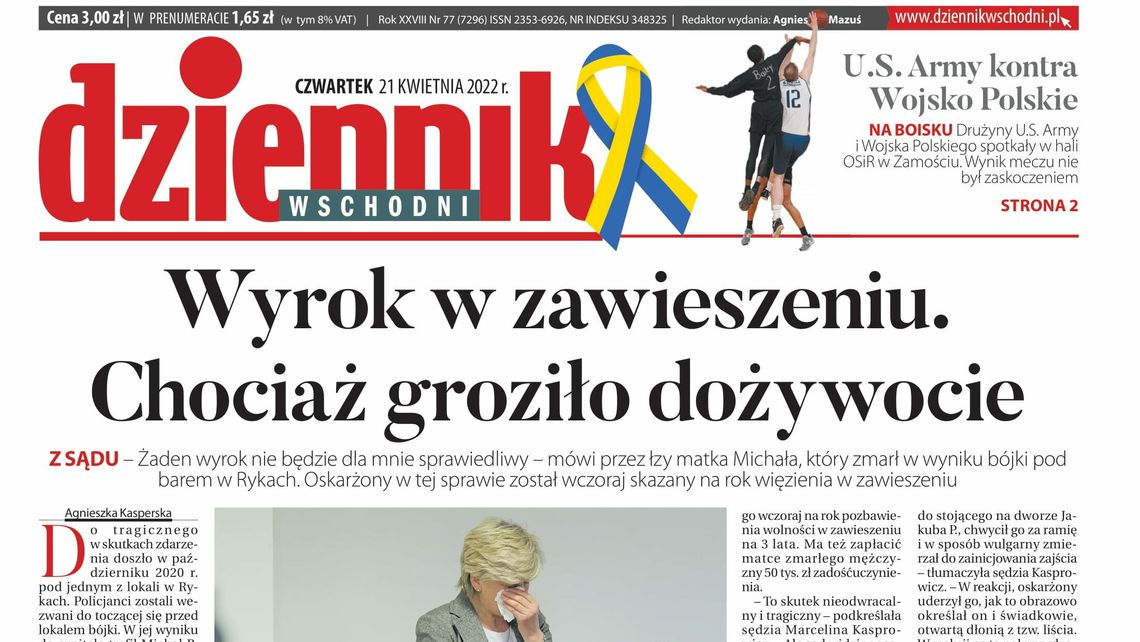  Pierwsza strona Dziennika Wschodniego z 21 kwietnia 2022 roku 