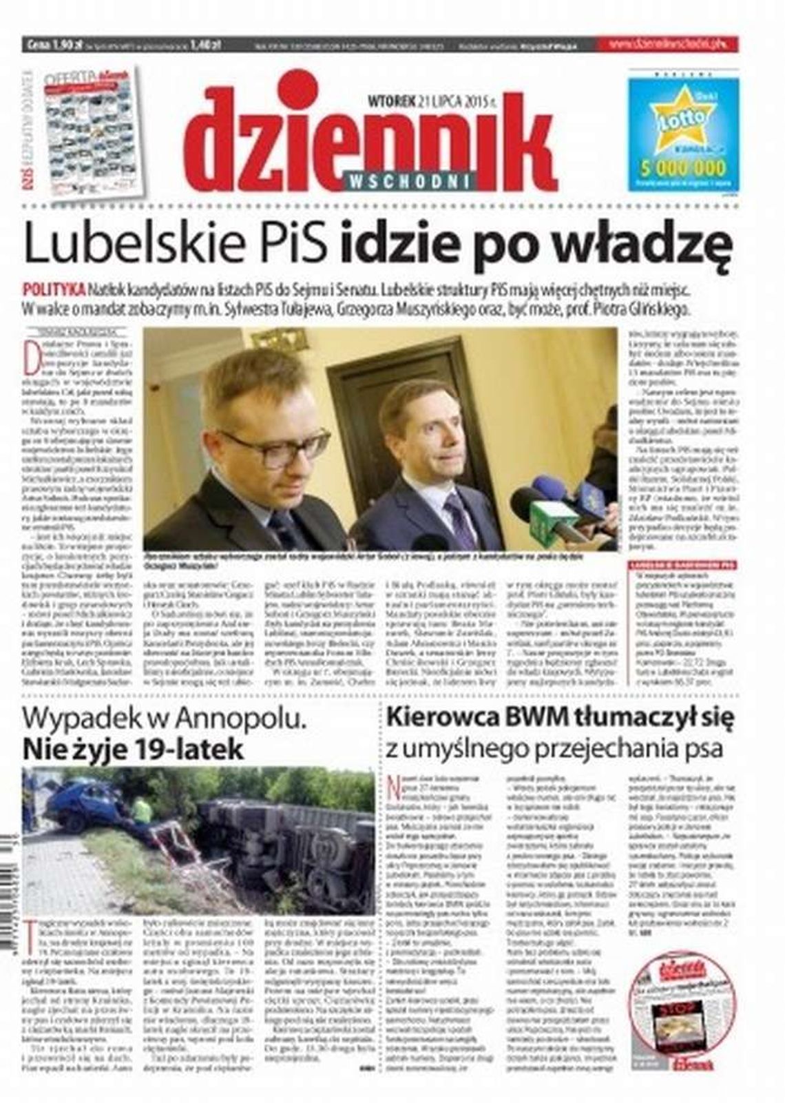 Pierwsza strona Dziennika Wschodniego z 21 lipca 2015