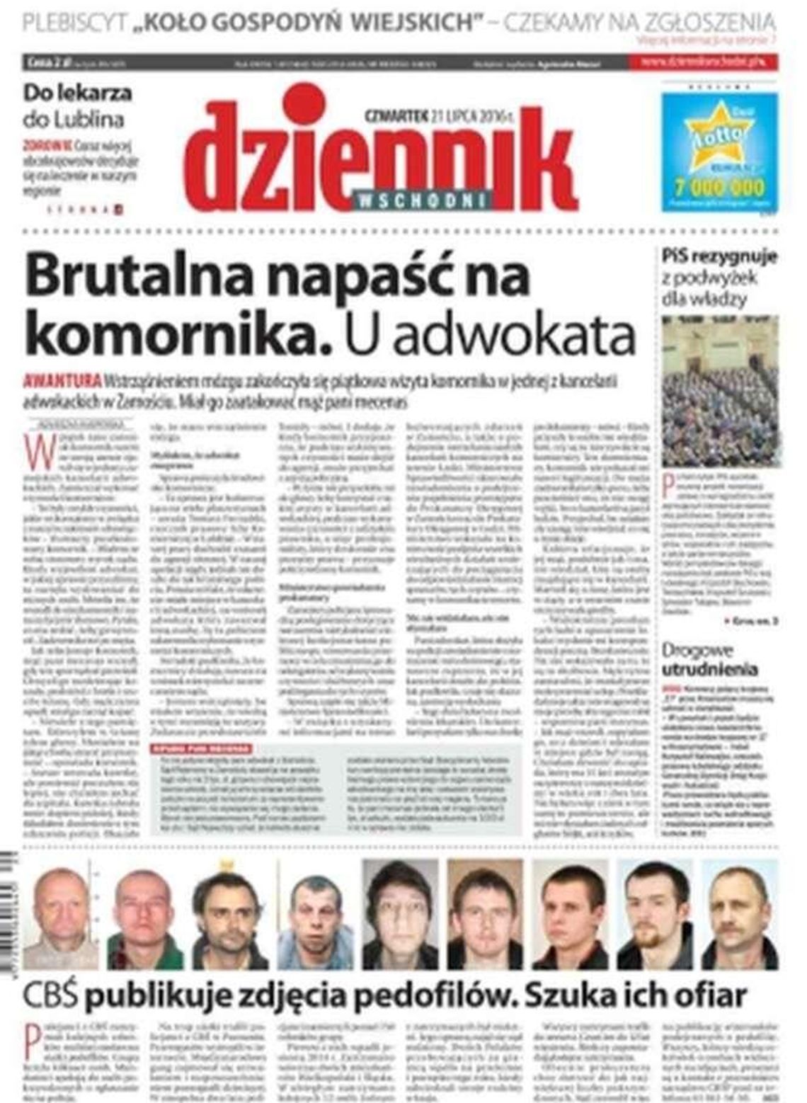 Pierwsza strona Dziennika Wschodniego z 21 lipca 2016