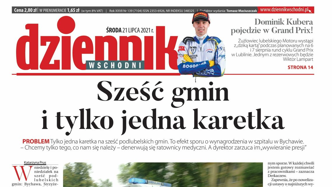 Pierwsza strona Dziennika Wschodniego z 21 lipca 2021 roku