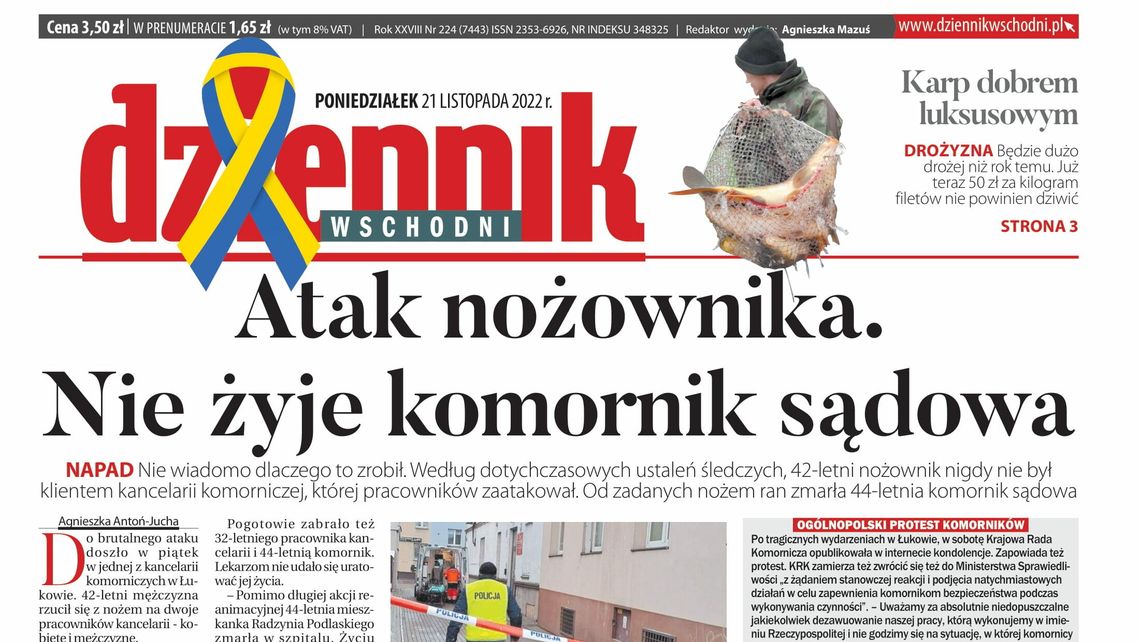  Pierwsza strona Dziennika Wschodniego z 21 listopada 2022 r. 