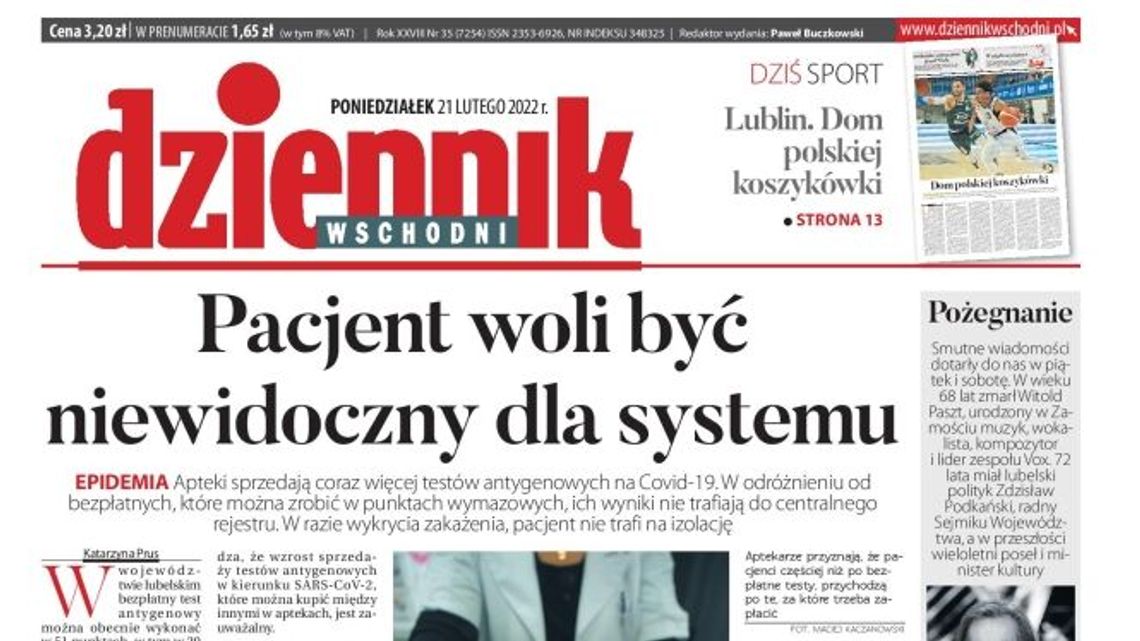 Pierwsza strona Dziennika Wschodniego z 21 lutego 2022 r.