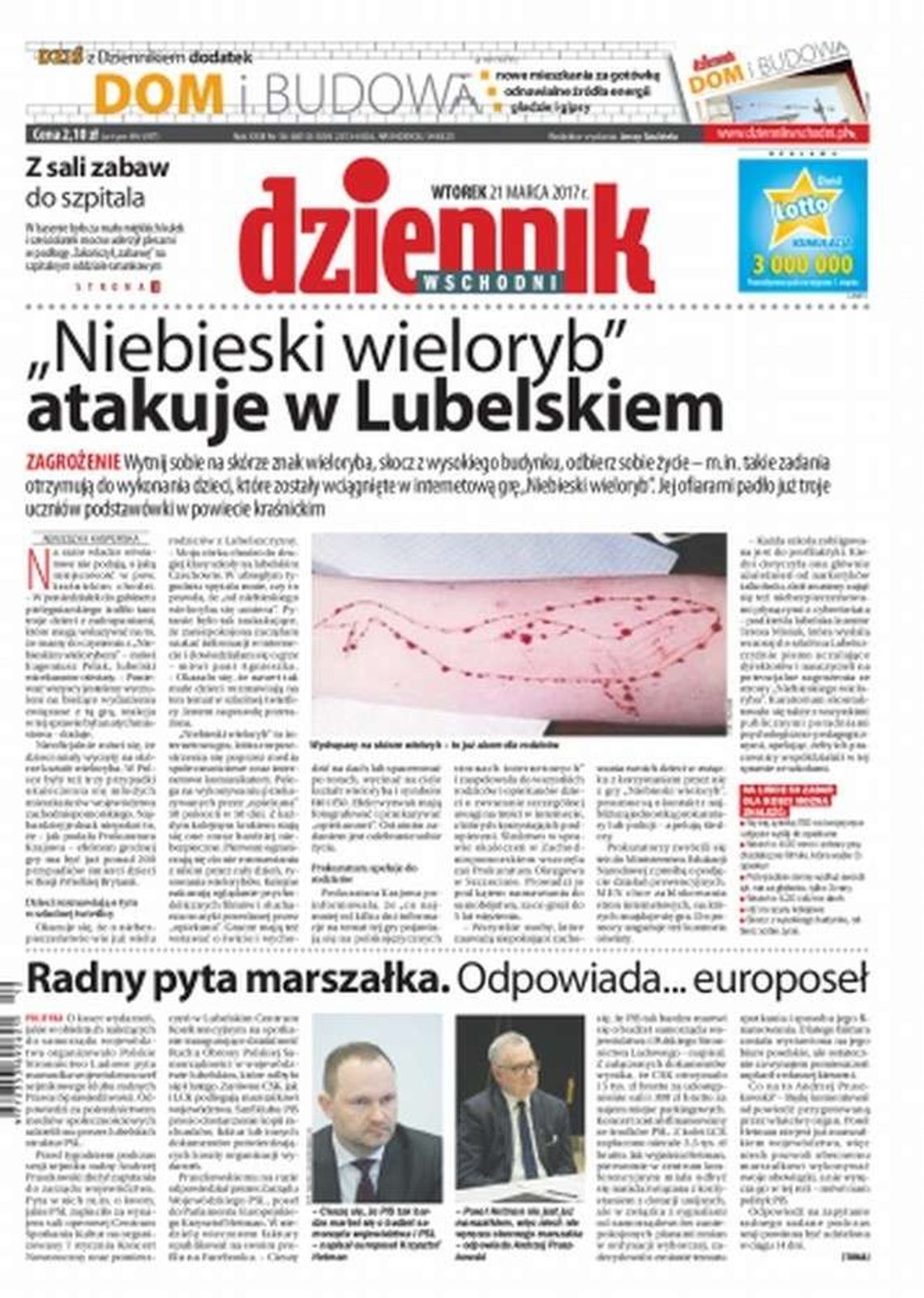 Pierwsza strona Dziennika Wschodniego z 21 marca 2017 r.