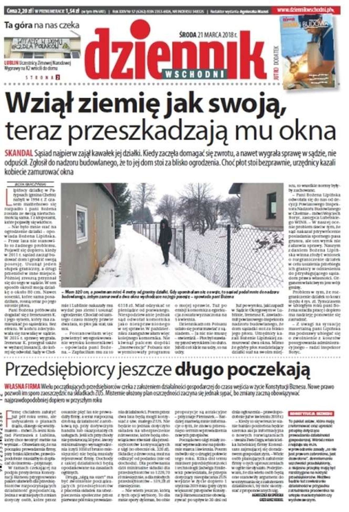 Pierwsza strona Dziennika Wschodniego z 21 marca 2018 roku