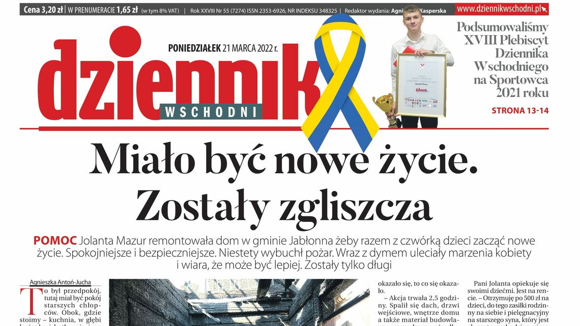  Pierwsza strona Dziennika Wschodniego z 21 marca 2022 r. 