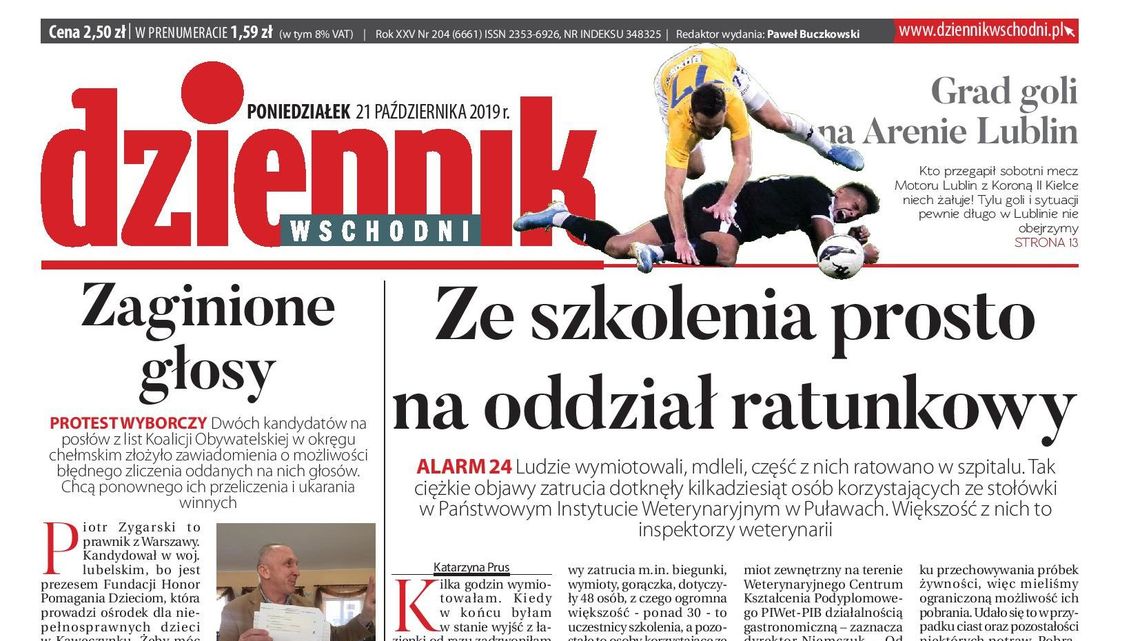 Pierwsza strona Dziennika Wschodniego z 21 października 2019 r.