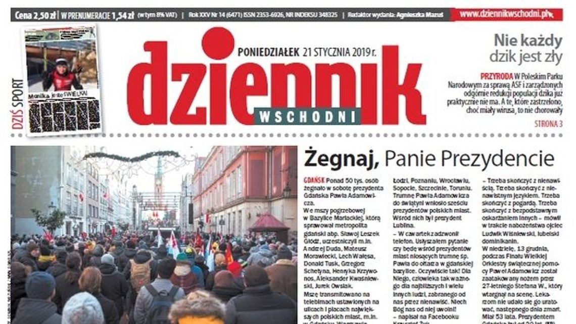 Pierwsza strona Dziennika Wschodniego z 21 stycznia 2019 roku