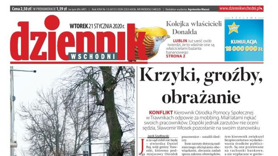 Pierwsza strona Dziennika Wschodniego z 21 stycznia 2020 r.
