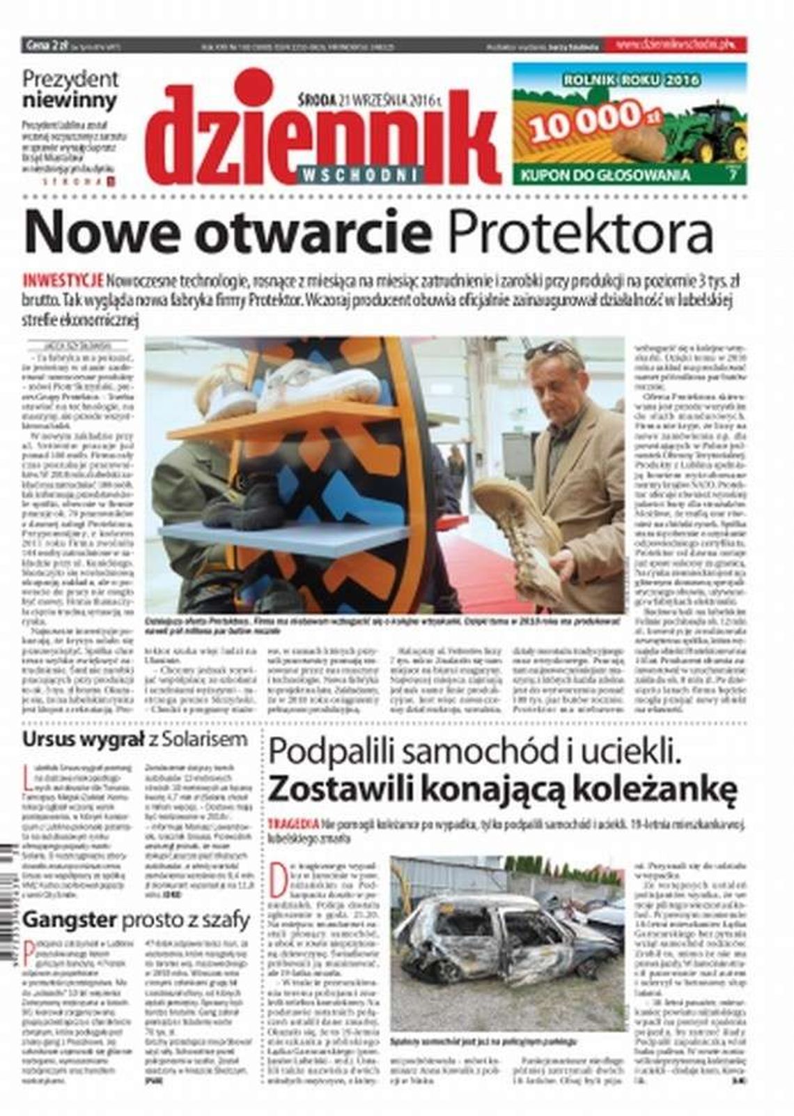 Pierwsza strona Dziennika Wschodniego z 21 września 2016 r.