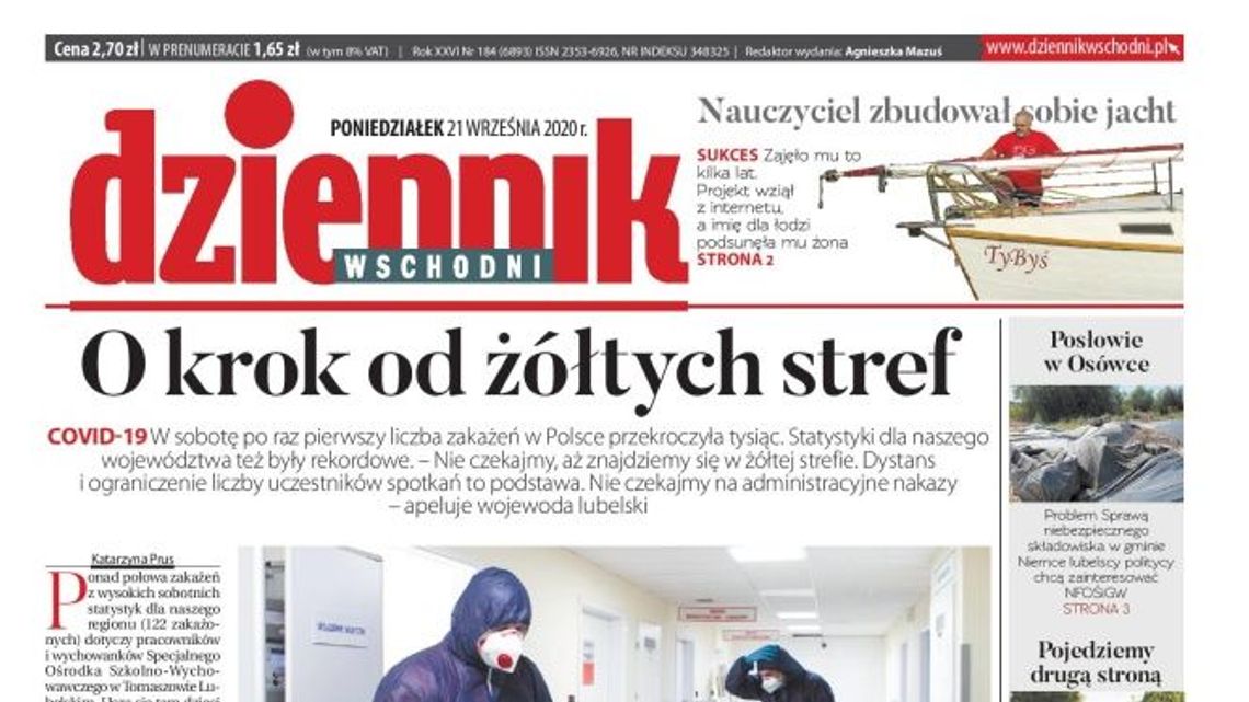 Pierwsza strona Dziennika Wschodniego z 21 września 2020 r.