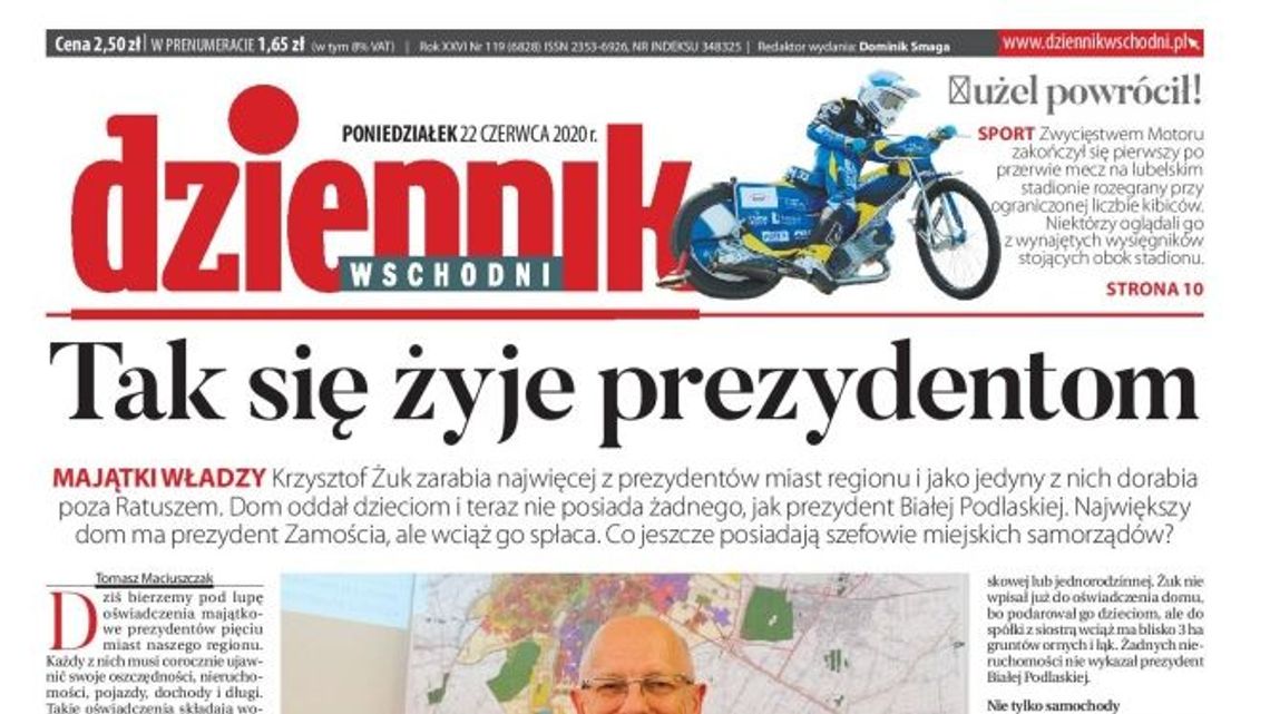 Pierwsza strona Dziennika Wschodniego z 22 czerwca 2020 r.