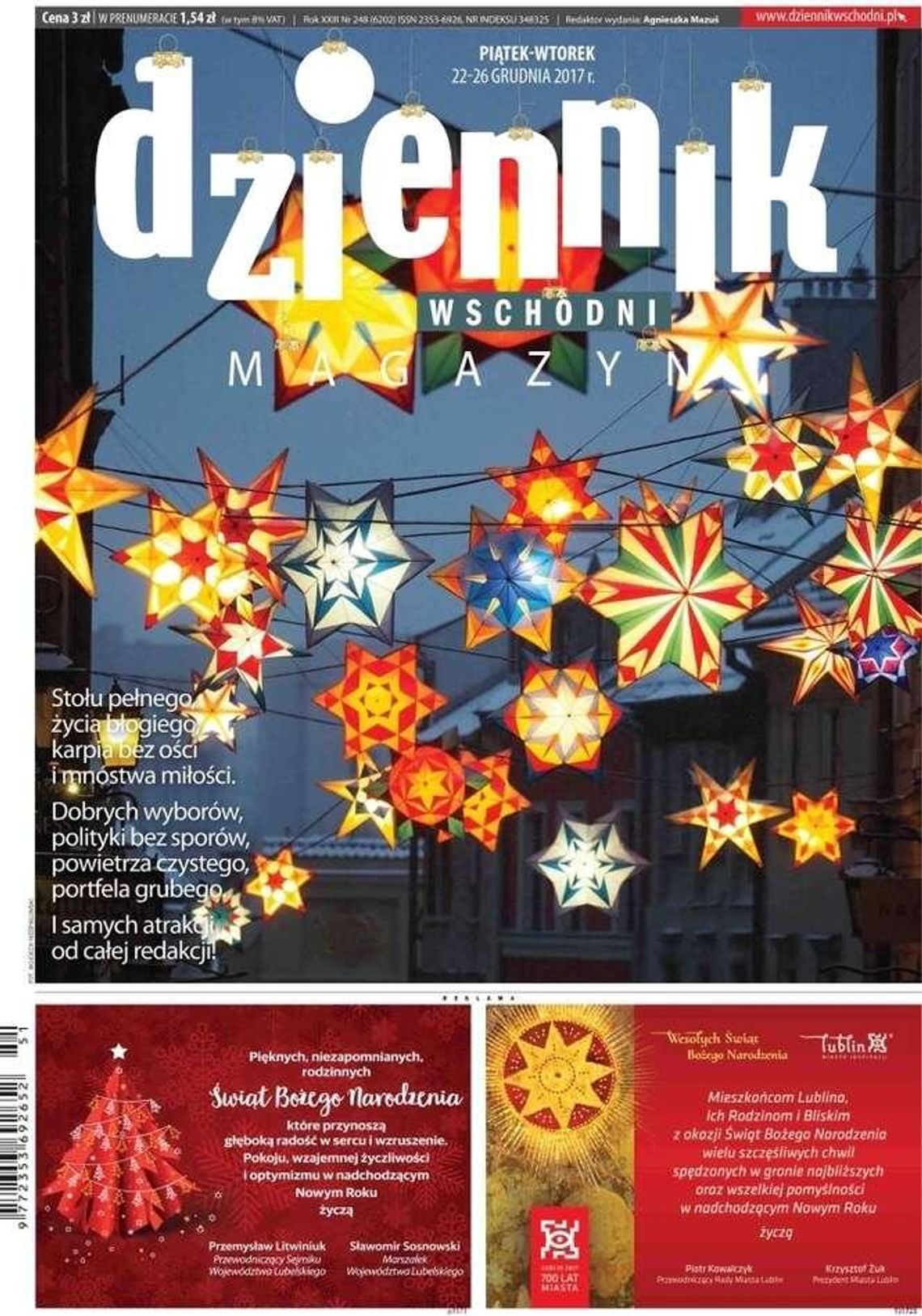 Pierwsza strona Dziennika Wschodniego z 22 grudnia 2017