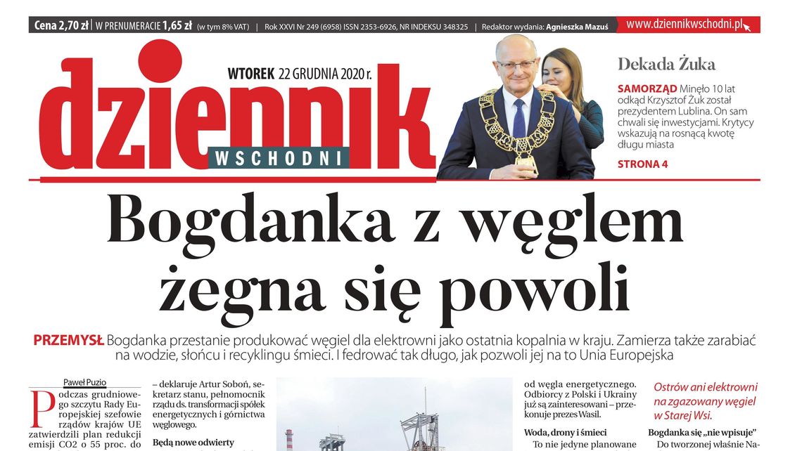 Pierwsza strona Dziennika Wschodniego z 22 grudnia 2020 r.