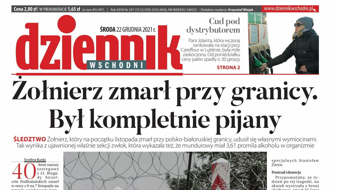 Pierwsza strona Dziennika Wschodniego z 22 grudnia 2021 roku