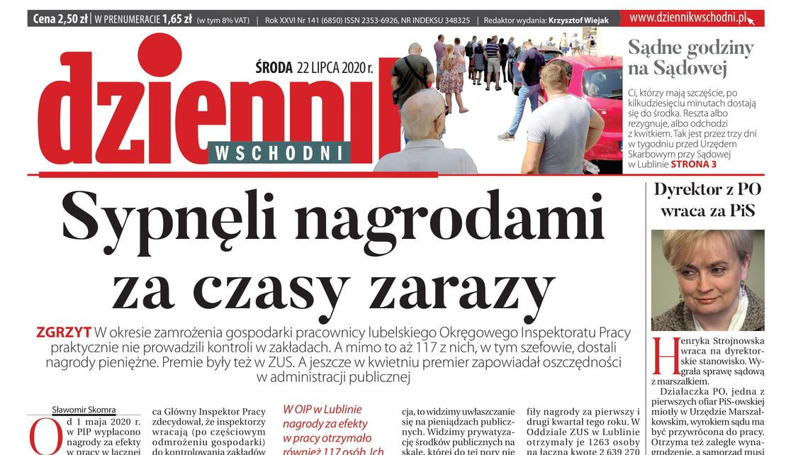 Pierwsza strona Dziennika Wschodniego z 22 lipca 2020 r.