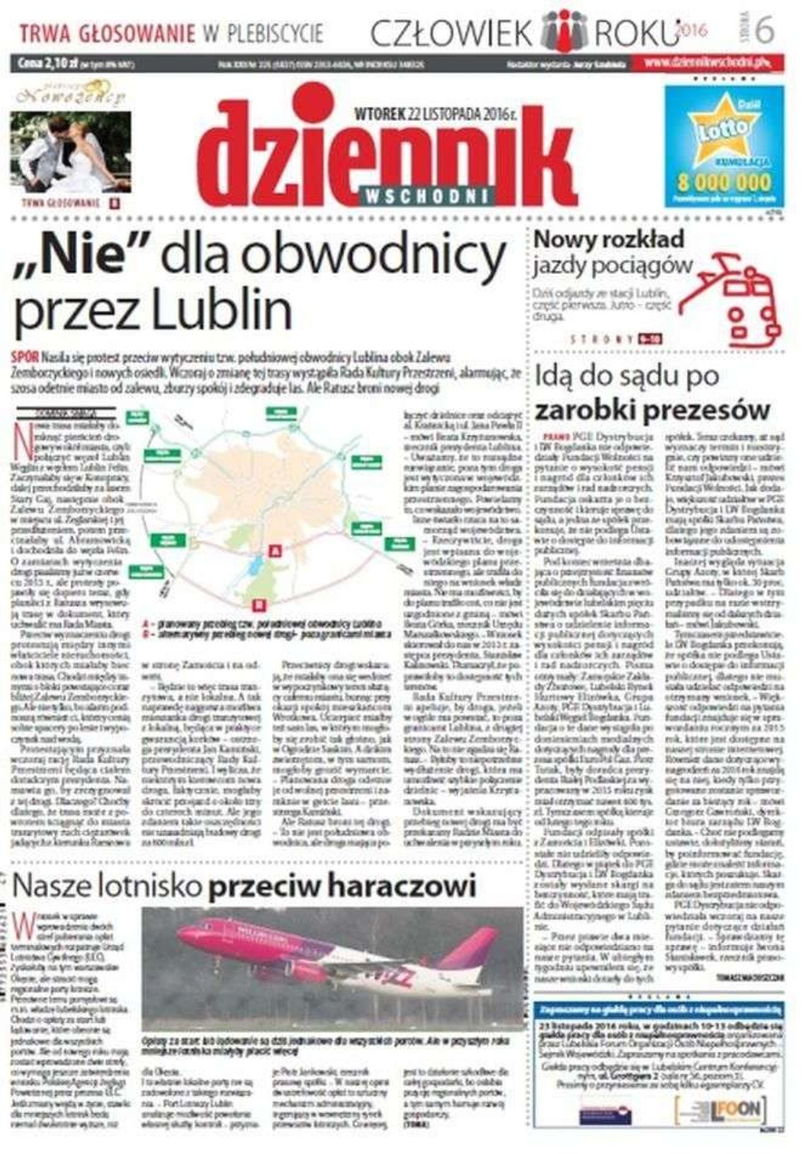 Pierwsza strona Dziennika Wschodniego z 22 listopada 2016 roku