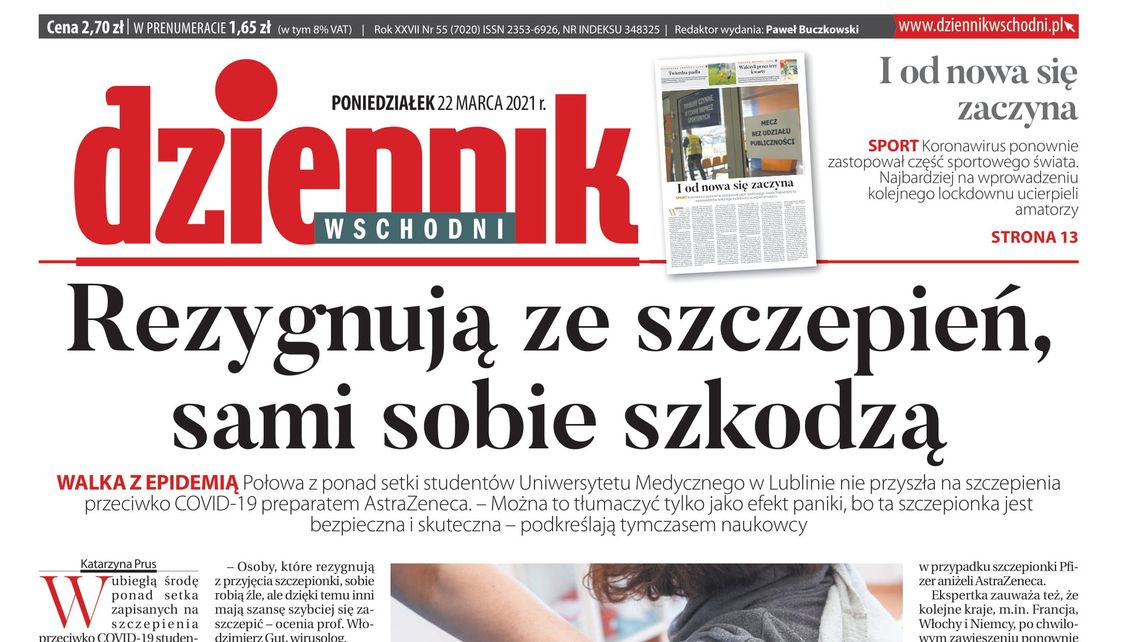Pierwsza strona Dziennika Wschodniego z 22 lutego 2021 r.