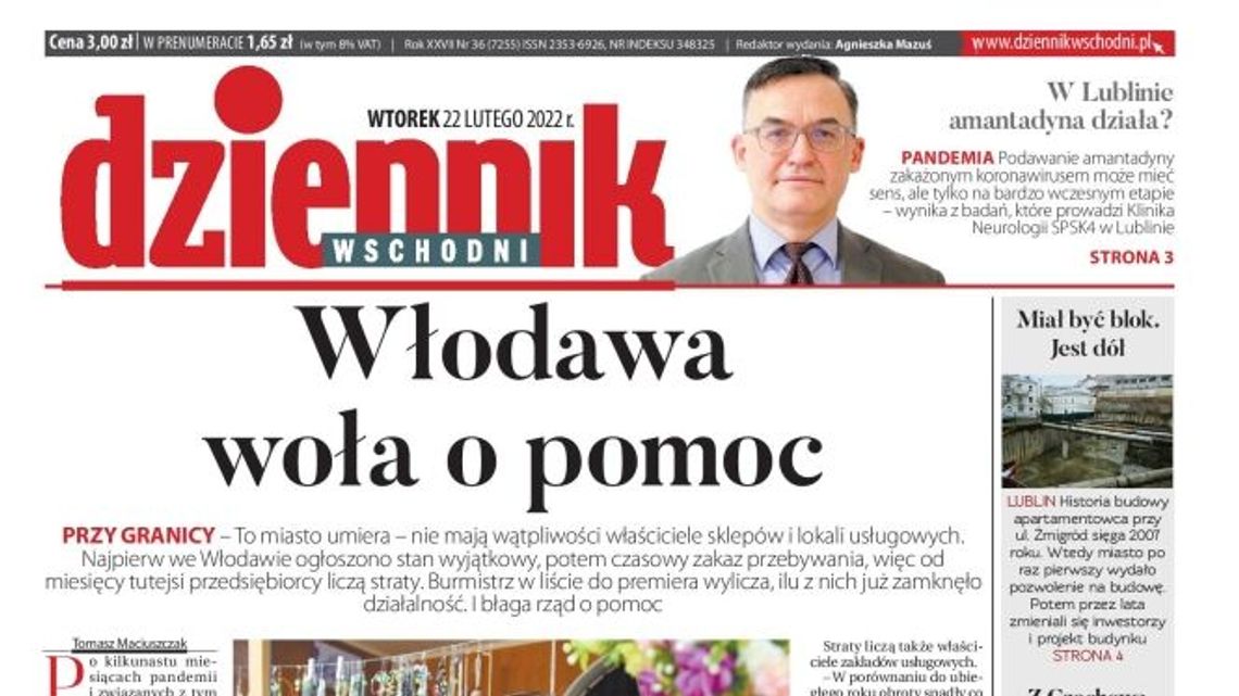 Pierwsza strona Dziennika Wschodniego z 22 lutego 2021 r.