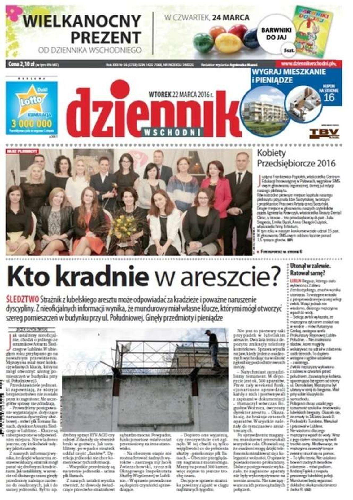 Pierwsza strona Dziennika Wschodniego z 22 marca 2016 roku