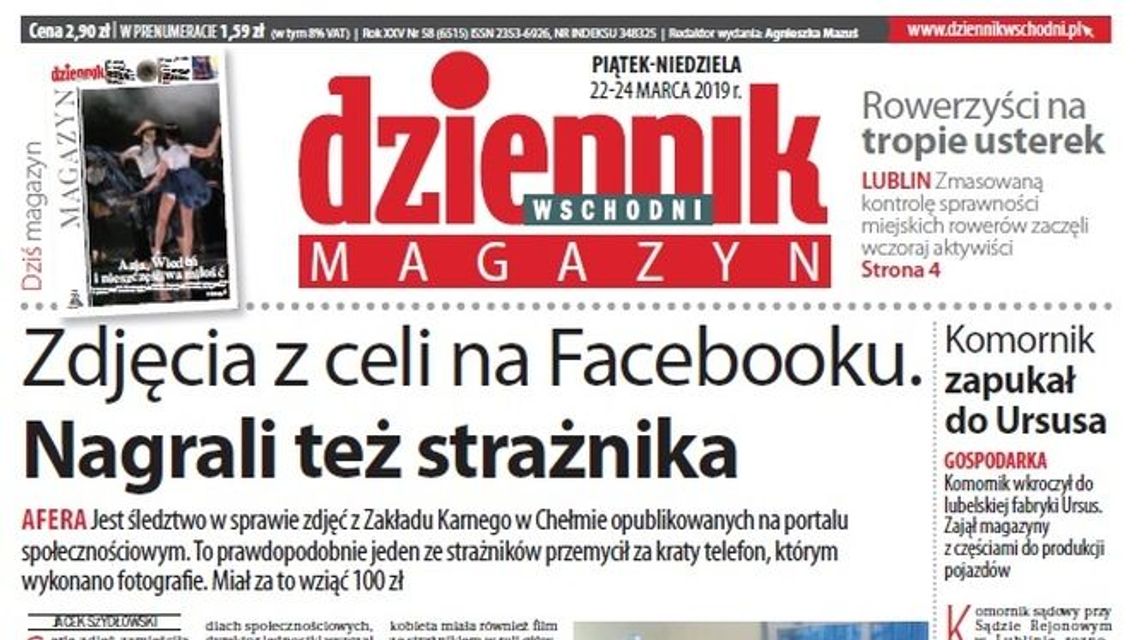 Pierwsza strona Dziennika Wschodniego z 22 marca 2019 roku