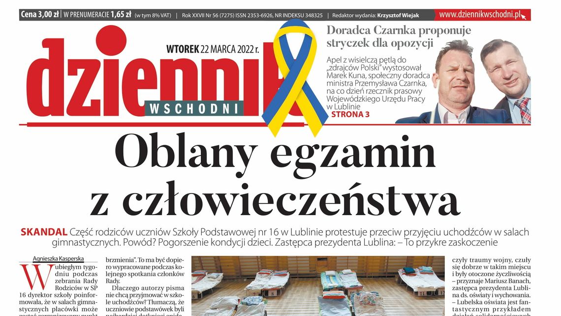  Pierwsza strona Dziennika Wschodniego z 22 marca 2022 r. 