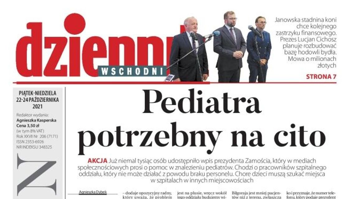 Pierwsza strona Dziennika Wschodniego z 22 października 2021 r.