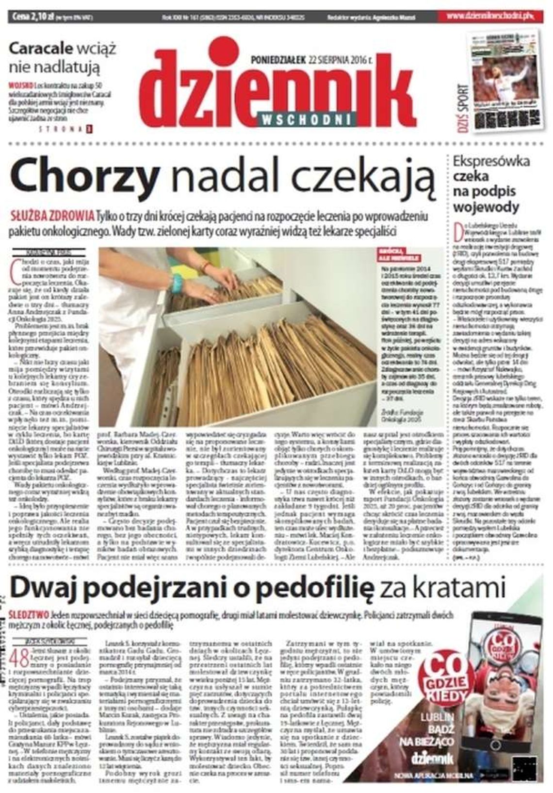 Pierwsza strona Dziennika Wschodniego z 22 sierpnia 2016 roku