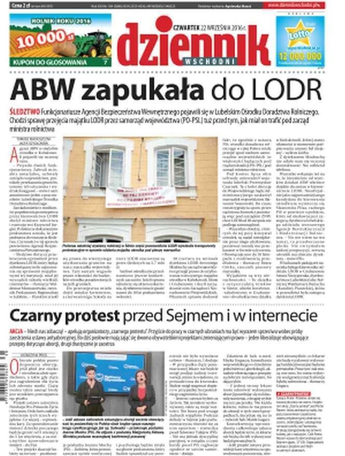 Pierwsza strona Dziennika Wschodniego z 22 września