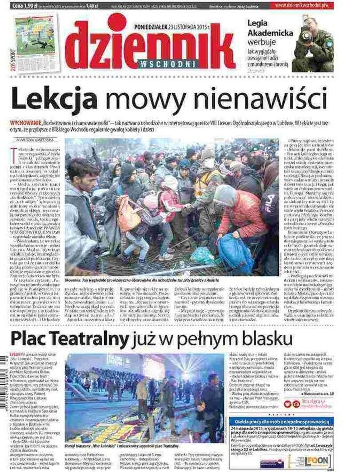 Pierwsza strona Dziennika Wschodniego z 23.11.2015