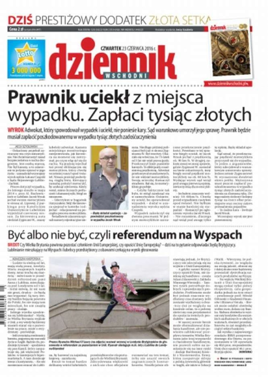 Pierwsza strona Dziennika Wschodniego z 23 czerwca 2016