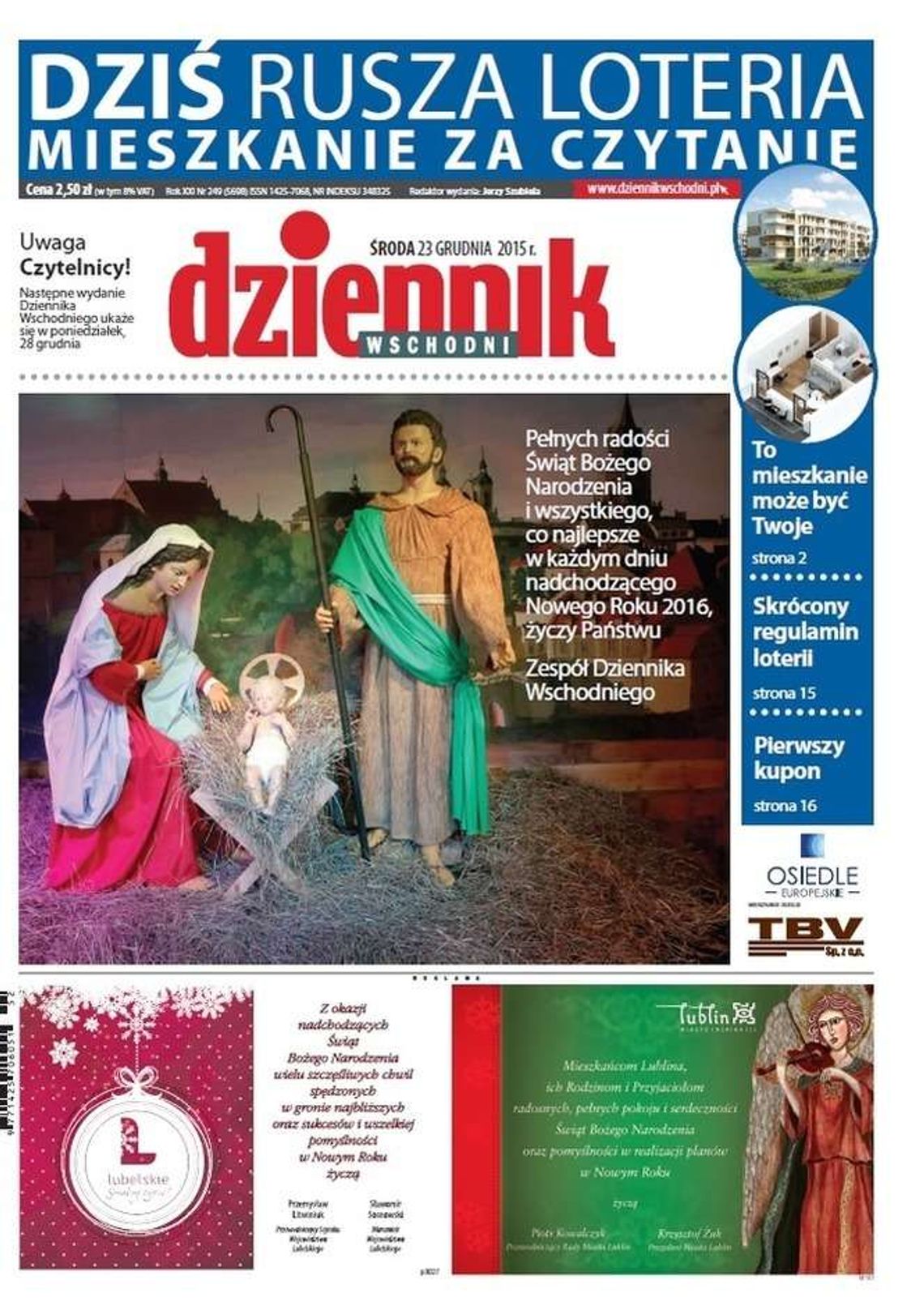 Pierwsza strona Dziennika Wschodniego z 23 grudnia 2015 roku