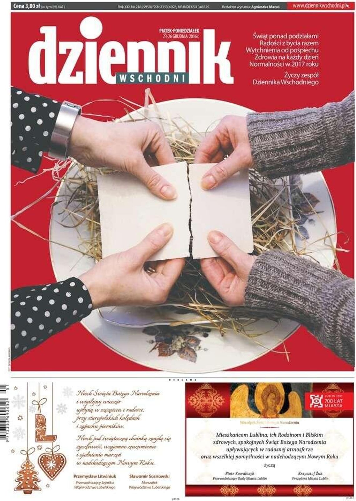 Pierwsza strona Dziennika Wschodniego z 23 grudnia 2016