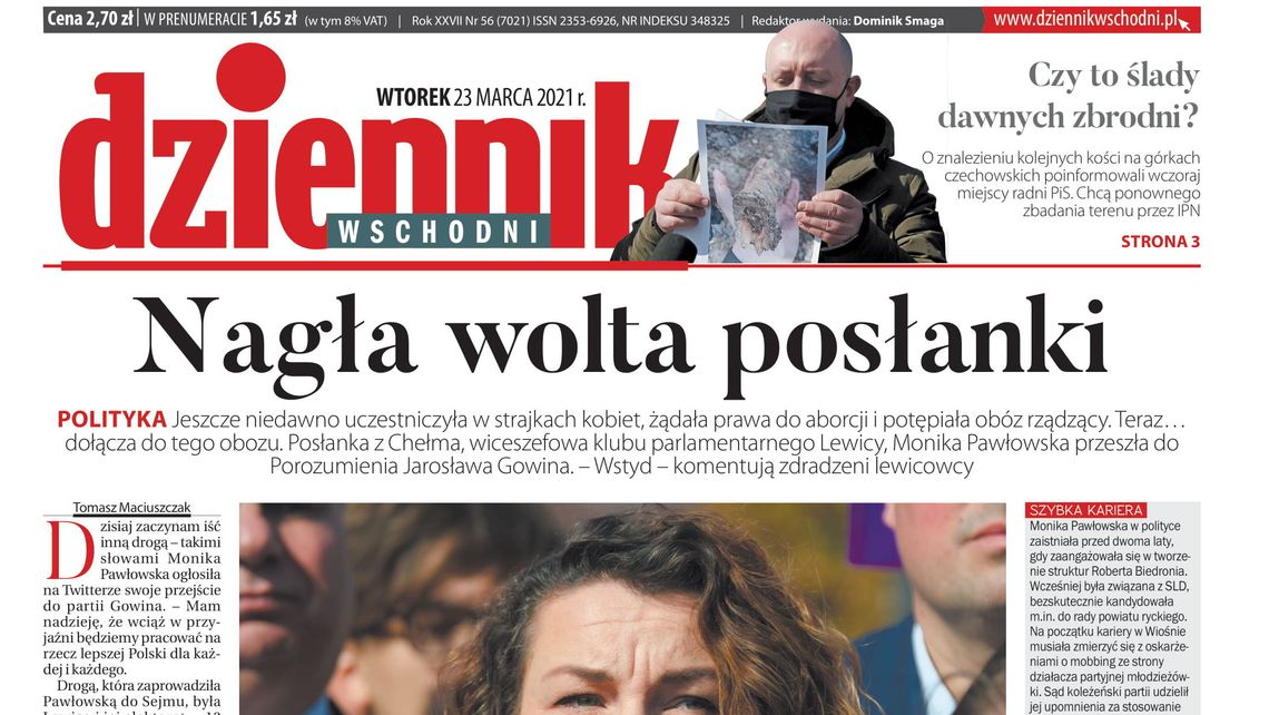 Pierwsza strona Dziennika Wschodniego z 23 lutego 2021 r.