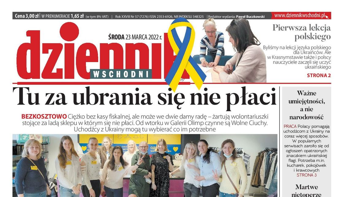 Pierwsza strona Dziennika Wschodniego z 23 marca 2022 r.
