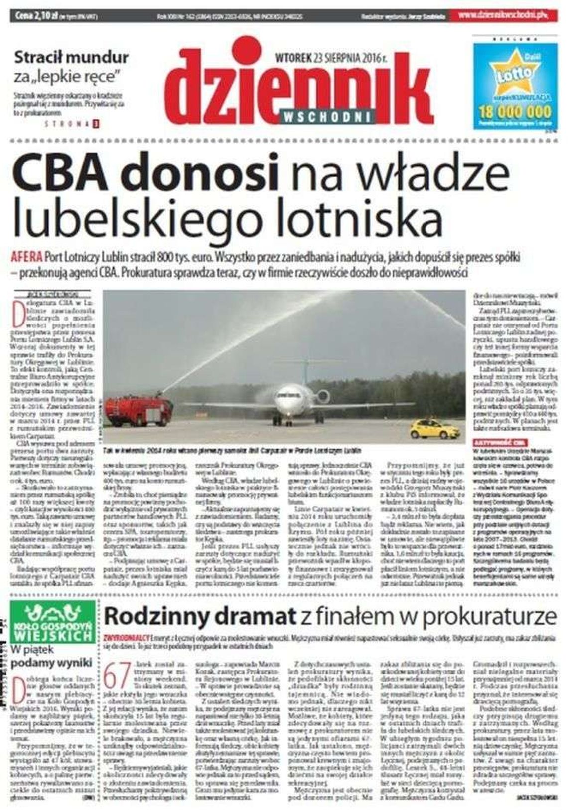 Pierwsza strona Dziennika Wschodniego z 23 sierpnia 2016 roku