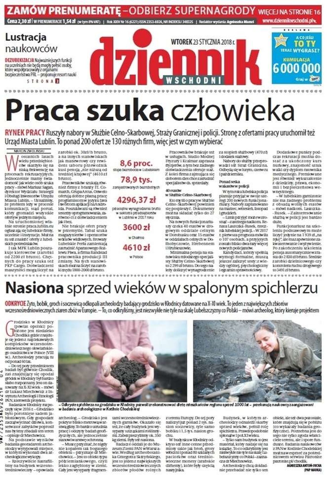 Pierwsza strona Dziennika Wschodniego z 23 stycznia 2018 roku