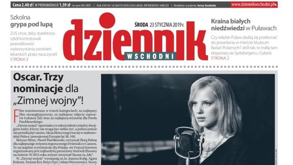 Pierwsza strona Dziennika Wschodniego z 23 stycznia 2019