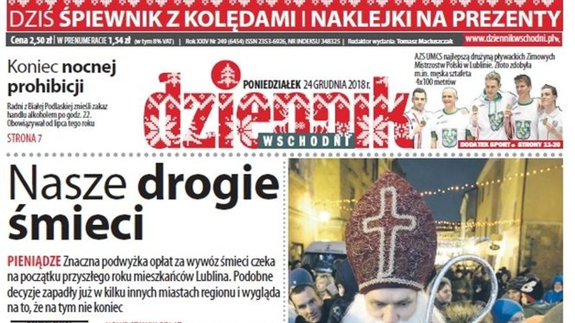 Pierwsza strona Dziennika Wschodniego z 24 grudnia 2018 roku