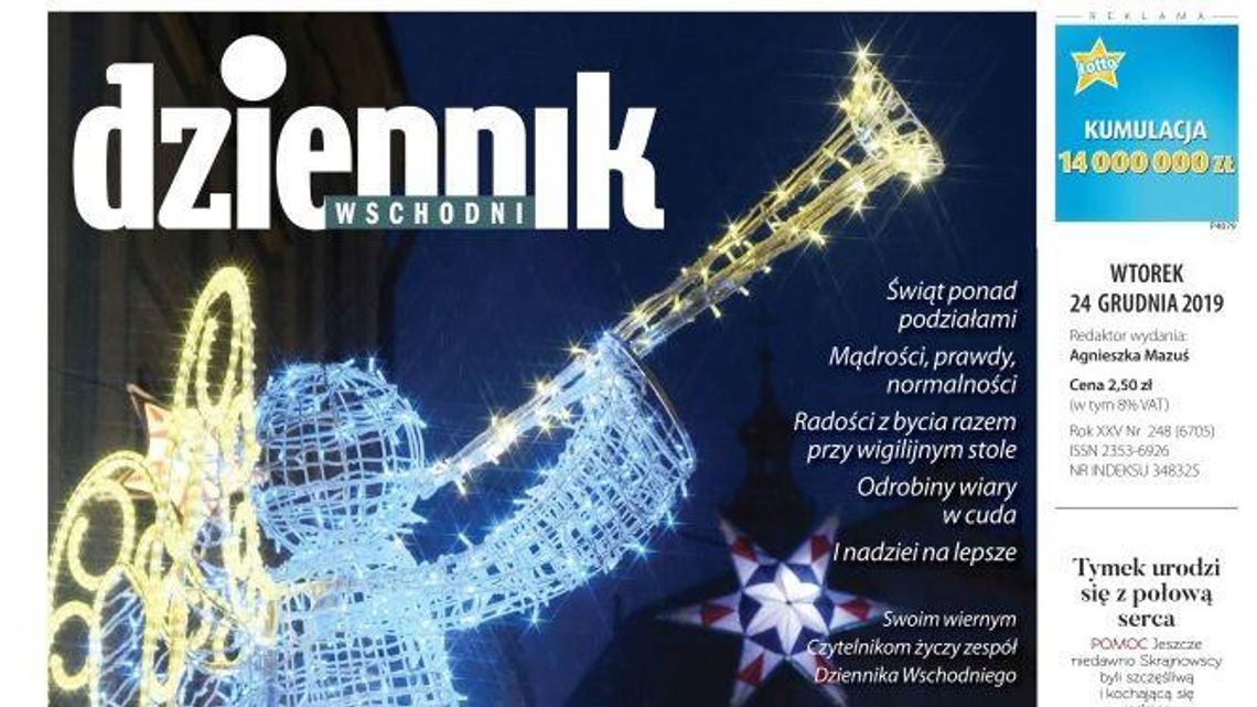 Pierwsza strona Dziennika Wschodniego z 24 grudnia 2019 r.