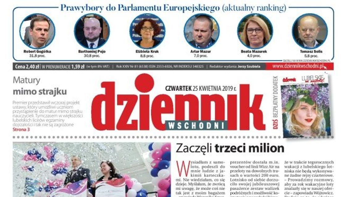 Pierwsza strona Dziennika Wschodniego z 24 kwietnia 2019 r.