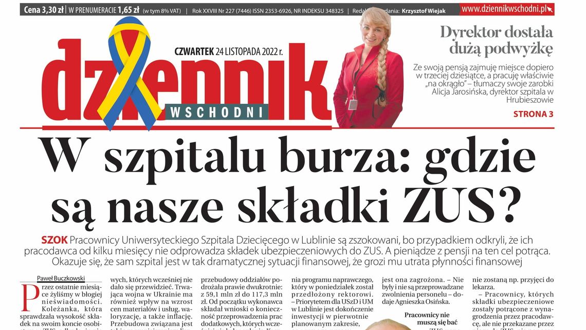  Pierwsza strona Dziennika Wschodniego z 24 listopada 2022 r. 