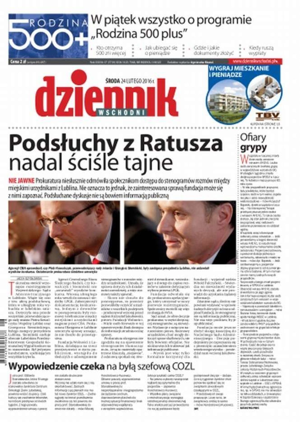 Pierwsza strona Dziennika Wschodniego z 24 lutego 2016